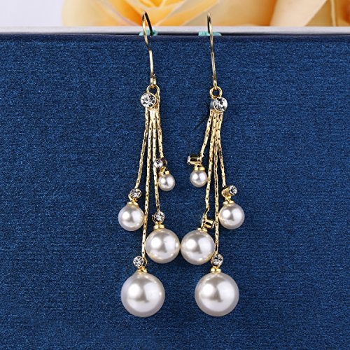 EleQueen Women's Gold-tone Crystal Simulated Pearl 4 Chain Bridal Long Dangle Hook Earrings Ivory Color - Image 5
