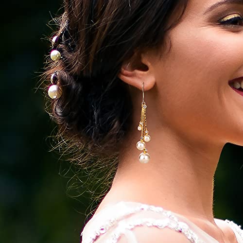 EleQueen Women's Gold-tone Crystal Simulated Pearl 4 Chain Bridal Long Dangle Hook Earrings Ivory Color - Image 3