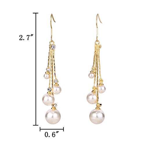 EleQueen Women's Gold-tone Crystal Simulated Pearl 4 Chain Bridal Long Dangle Hook Earrings Ivory Color - Image 2