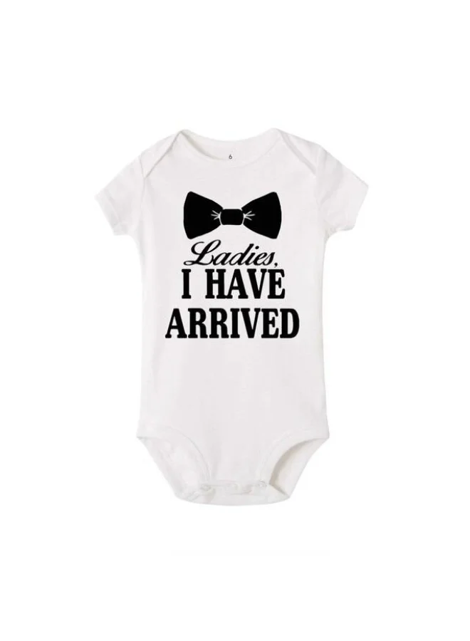 Matching Family Outfits Ladies I Have Arrived Baby Romper – Funny Bow Tie Print Infant Bodysuit, Unisex Newborn Baby Boy Girl Short Sleeve Cotton Jumpsuit, Cute Arrival Announcement Outfit (WHITE)