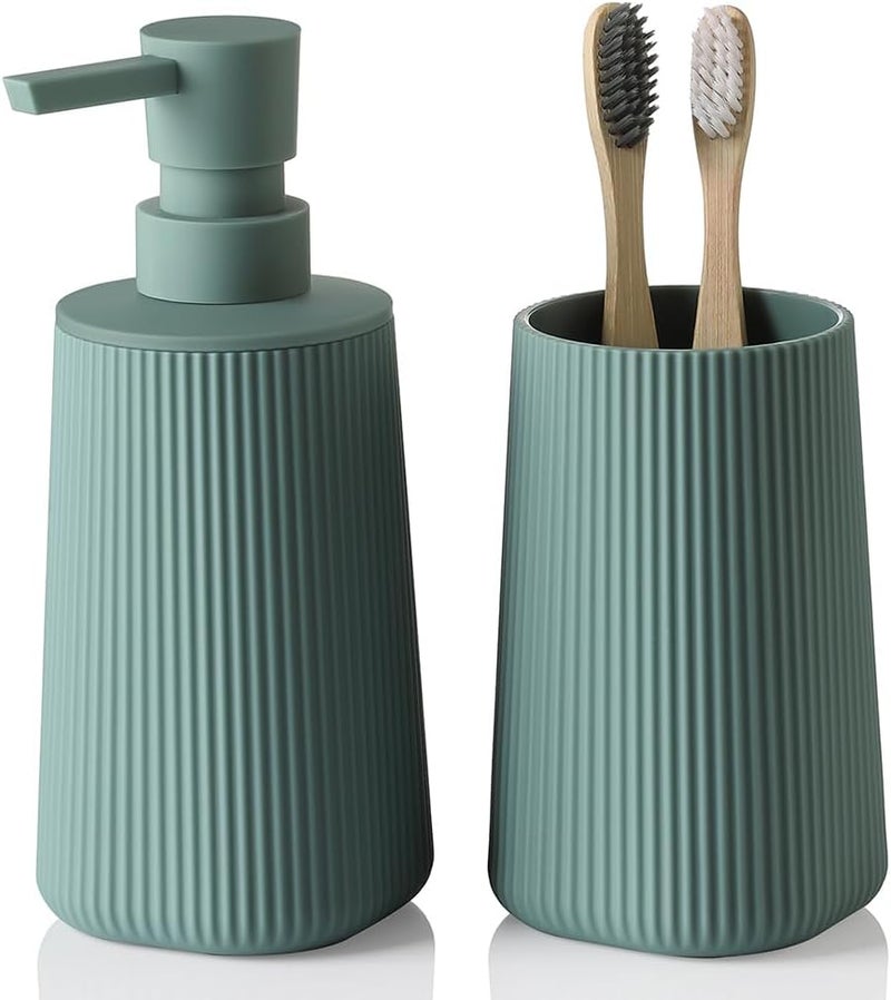 YAUKPH Bathroom Accessories 2 Piece Soap Dispenser and Toothbrush Holder Set Striped Sage Green - Image 1