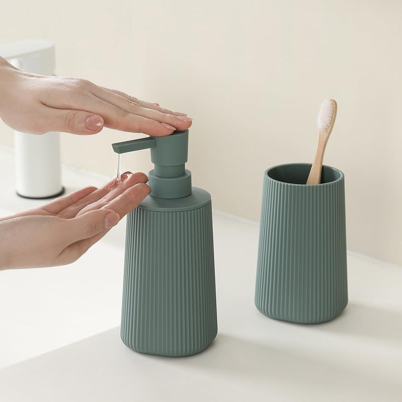 YAUKPH Bathroom Accessories 2 Piece Soap Dispenser and Toothbrush Holder Set Striped Sage Green - Image 2