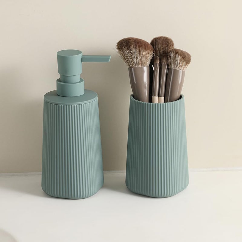 YAUKPH Bathroom Accessories 2 Piece Soap Dispenser and Toothbrush Holder Set Striped Sage Green - Image 5