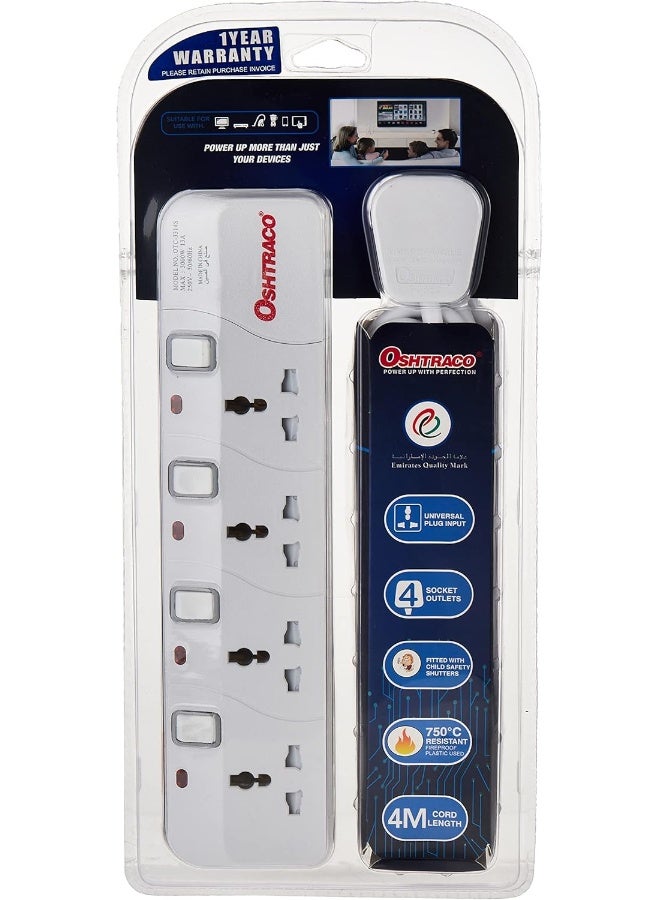 OSHTRACO أوشتركو OTC3314S-4M مقبس تمديد عالمي 4 منافذ مع سلك بطول 4 متر - Image 1