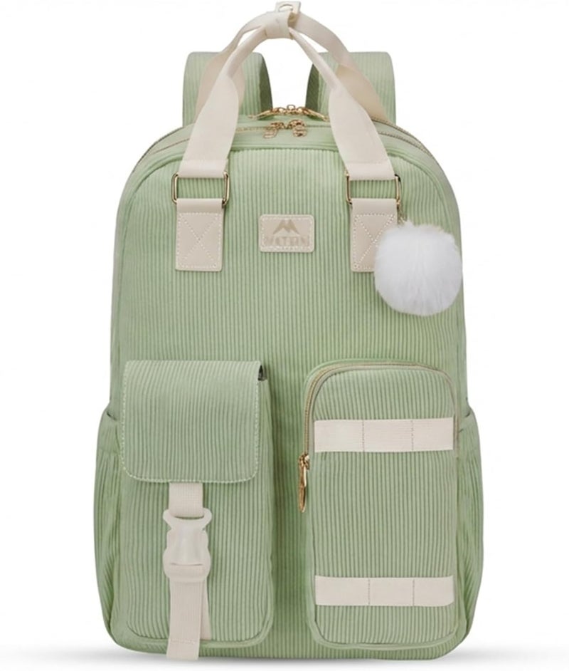 MATEIN Cute Laptop Backpack for Women, 15.6 Inch Corduroy Computer College Backpack with Water Bottle Holder, TSA Lightweight Aesthetic Bag Travel Laptop Daypack for Work Nurse Teacher Gift, Green - Image 1