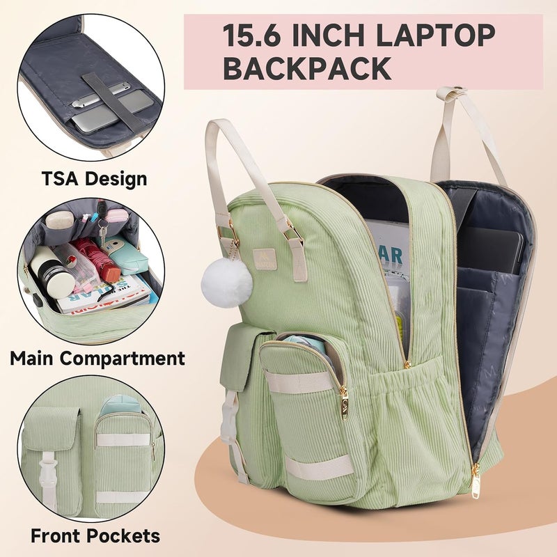 MATEIN Cute Laptop Backpack for Women, 15.6 Inch Corduroy Computer College Backpack with Water Bottle Holder, TSA Lightweight Aesthetic Bag Travel Laptop Daypack for Work Nurse Teacher Gift, Green - Image 4