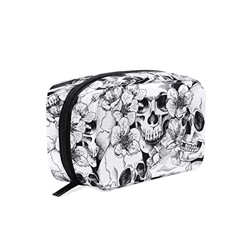 ZOEO Makeup Pouch Sugar Skull Mexican Floral Halloween Mini Makeup Bag Organizer Travel Zip Toiletry Bag Small Cosmetic Train Case Beauty Bag for Teens Girls Women Black White - Image 1