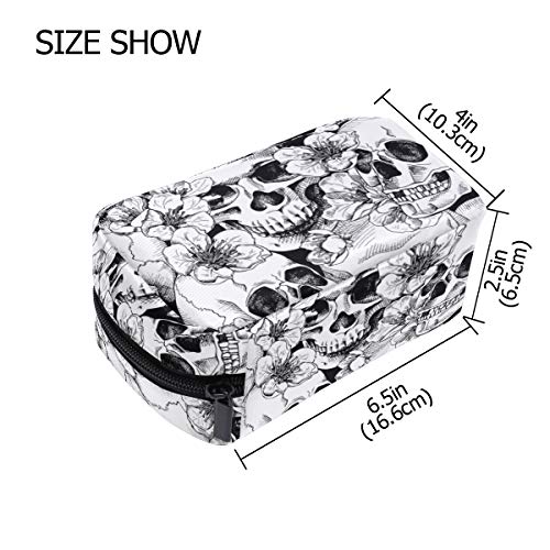ZOEO Makeup Pouch Sugar Skull Mexican Floral Halloween Mini Makeup Bag Organizer Travel Zip Toiletry Bag Small Cosmetic Train Case Beauty Bag for Teens Girls Women Black White - Image 3