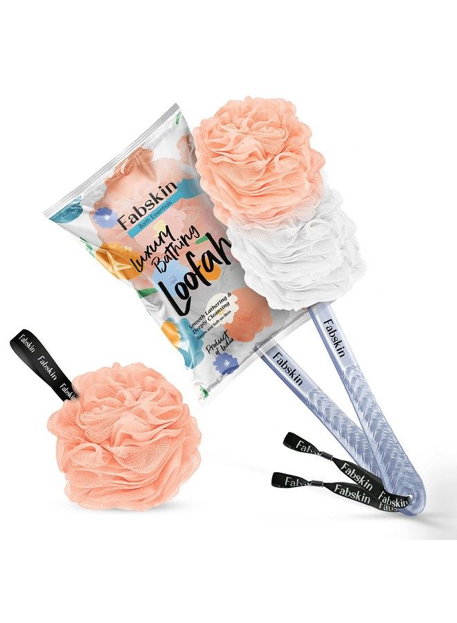 Fabskin Luxury Bath Loofah Duo Pack Loofah Sponge And Loofah Brush With Plastic Handle ; Loofah For Bathing For Women & Men ; Bath Brush Body Back Scrubber For Bathing (Peach And White) - Image 2