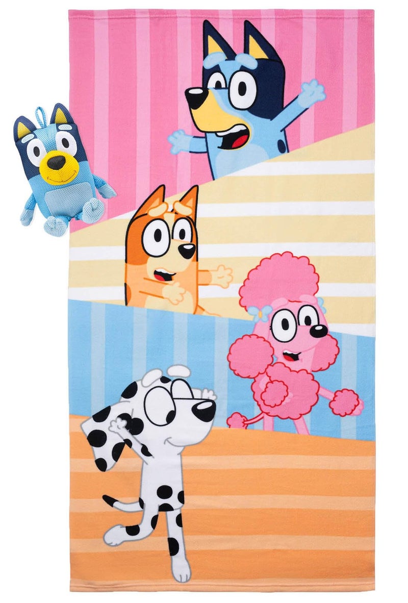Jay Franco Bluey & Friends Bath Towel & Bath Buddy Set - Kids Bathtub Accessories - Includes 25 x 50 Inch Microfiber Towel & 13 Inch Bluey Water Play Buddy - Image 1