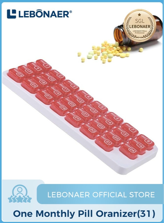 لبونير منظم الأقراص الشهري - منظم أقراص حبوب منع الحمل الشهرية - منظم أقراص لمدة 31 يومًا مع حاويات أدوية كبيرة قابلة للإزالة، علبة وحامل محمول للأدوية والفيتامينات اليومية، رائع للسفر （أحمر） - Image 1