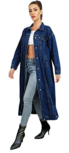 Jofemuho Womens Classic Jean Jacket Plus Size Loose Long Sleeve Button Down Denim Trench Coat Dark Blue XL - Image 4
