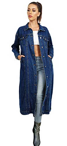 Jofemuho Womens Classic Jean Jacket Plus Size Loose Long Sleeve Button Down Denim Trench Coat Dark Blue XL - Image 3