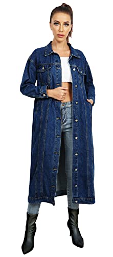 Jofemuho Womens Classic Jean Jacket Plus Size Loose Long Sleeve Button Down Denim Trench Coat Dark Blue XL - Image 5
