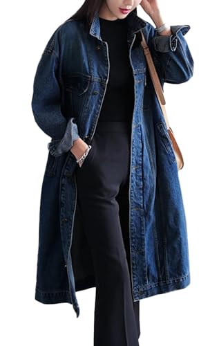 Jofemuho Womens Classic Jean Jacket Plus Size Loose Long Sleeve Button Down Denim Trench Coat Dark Blue XL - Image 1