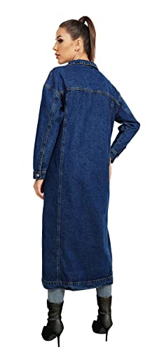 Jofemuho Womens Classic Jean Jacket Plus Size Loose Long Sleeve Button Down Denim Trench Coat Dark Blue XL - Image 2