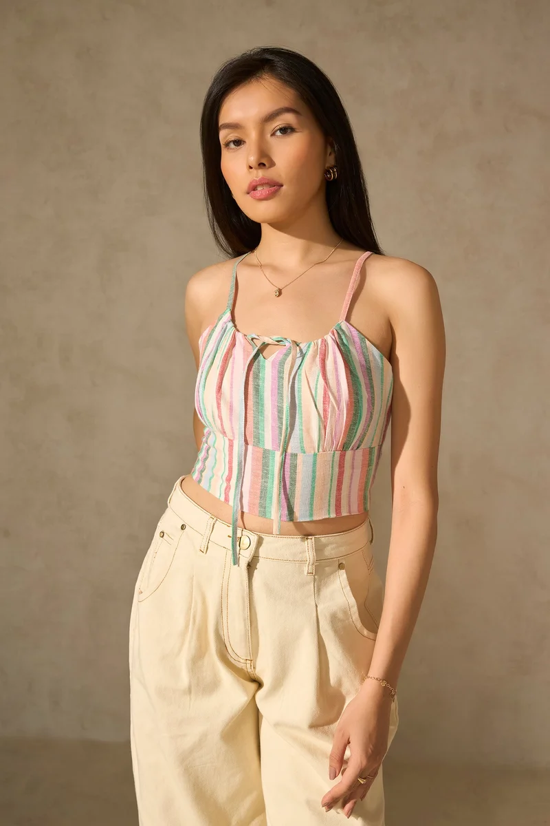 فيرجيو Linen Stripped Brunchwear Front Tie Crop Top for Women