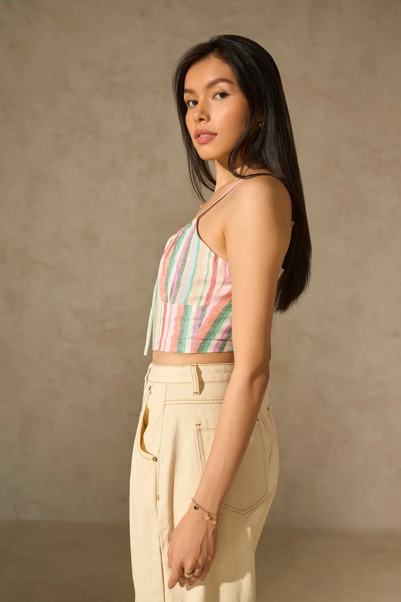 فيرجيو Linen Stripped Brunchwear Front Tie Crop Top for Women