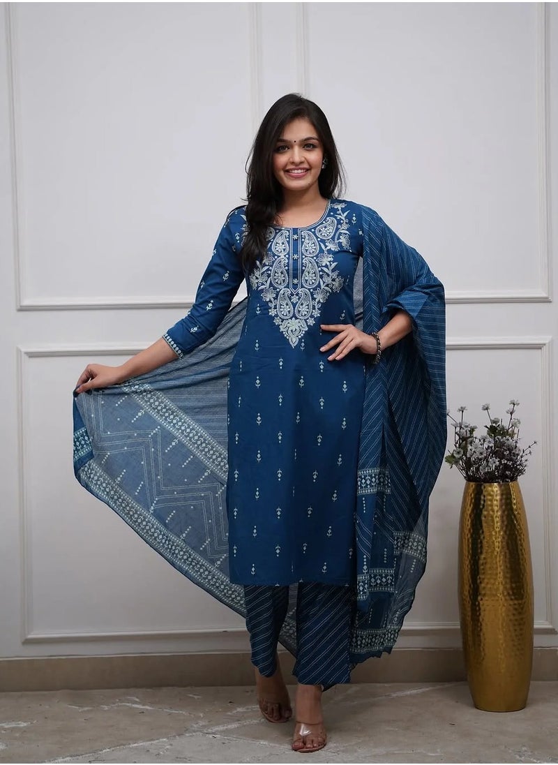 IndHeritage IndHeritage - Chikankari dark blue colour, cotton 3 piece kurti set - IDH00213  - Image 1