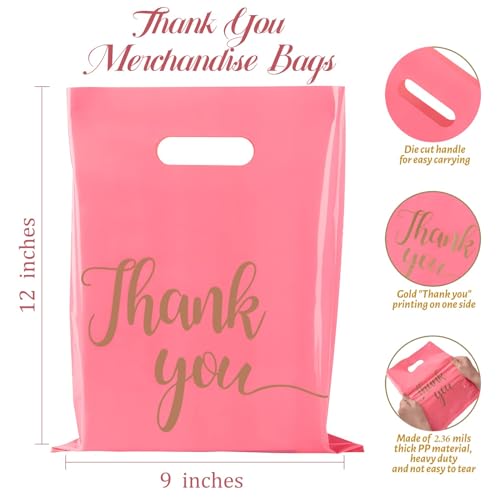ZORRITA 100 Pack Thank You Bags for Small Business, 9 x 12 Inch Plastic Shopping Bags with Handles Retail Merchandise Bag Extra Thick Gift Bag Bulk (Pink) - Image 2