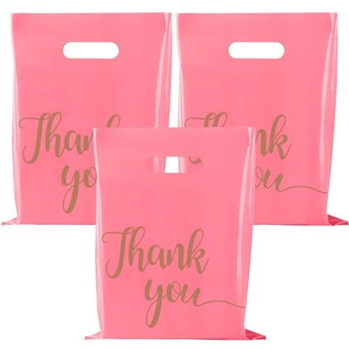 ZORRITA 100 Pack Thank You Bags for Small Business, 9 x 12 Inch Plastic Shopping Bags with Handles Retail Merchandise Bag Extra Thick Gift Bag Bulk (Pink) - Image 1