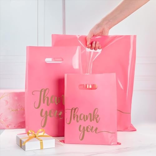 ZORRITA 100 Pack Thank You Bags for Small Business, 9 x 12 Inch Plastic Shopping Bags with Handles Retail Merchandise Bag Extra Thick Gift Bag Bulk (Pink) - Image 3