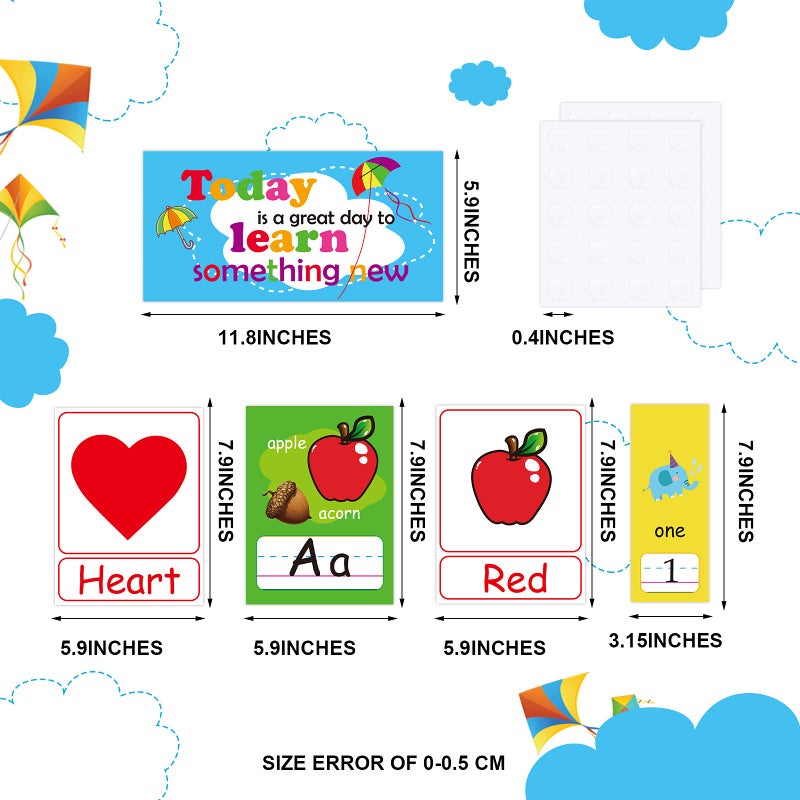 Outus 58 Pieces Educational Preschool Cards Kids Early Learning Poster Alphabet Number Colors and Shapes Bulletin Board Decoration Kindergarten Classroom Learning Card with Glue Point Dot (Rich Style) - Image 2