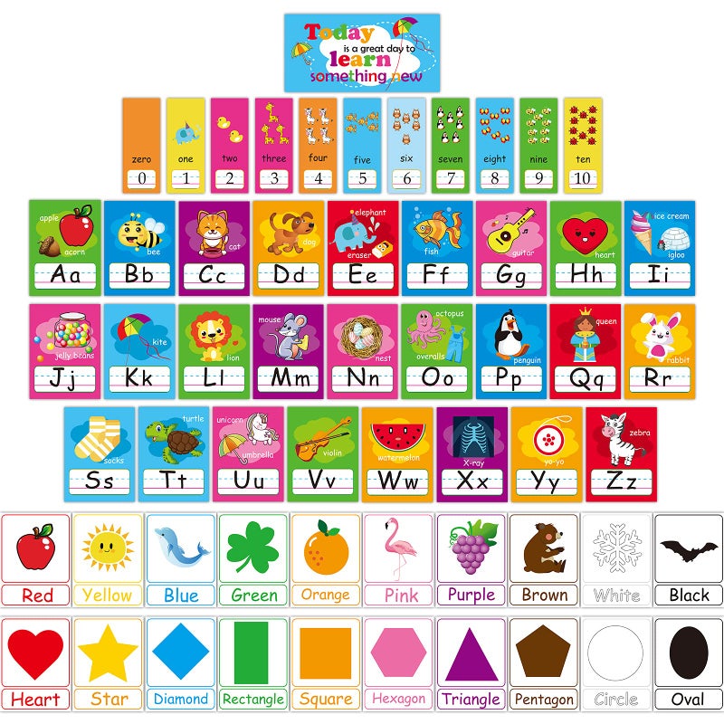 Outus 58 Pieces Educational Preschool Cards Kids Early Learning Poster Alphabet Number Colors and Shapes Bulletin Board Decoration Kindergarten Classroom Learning Card with Glue Point Dot (Rich Style) - Image 1