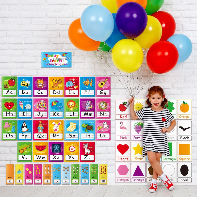 Outus 58 Pieces Educational Preschool Cards Kids Early Learning Poster Alphabet Number Colors and Shapes Bulletin Board Decoration Kindergarten Classroom Learning Card with Glue Point Dot (Rich Style) - Image 5