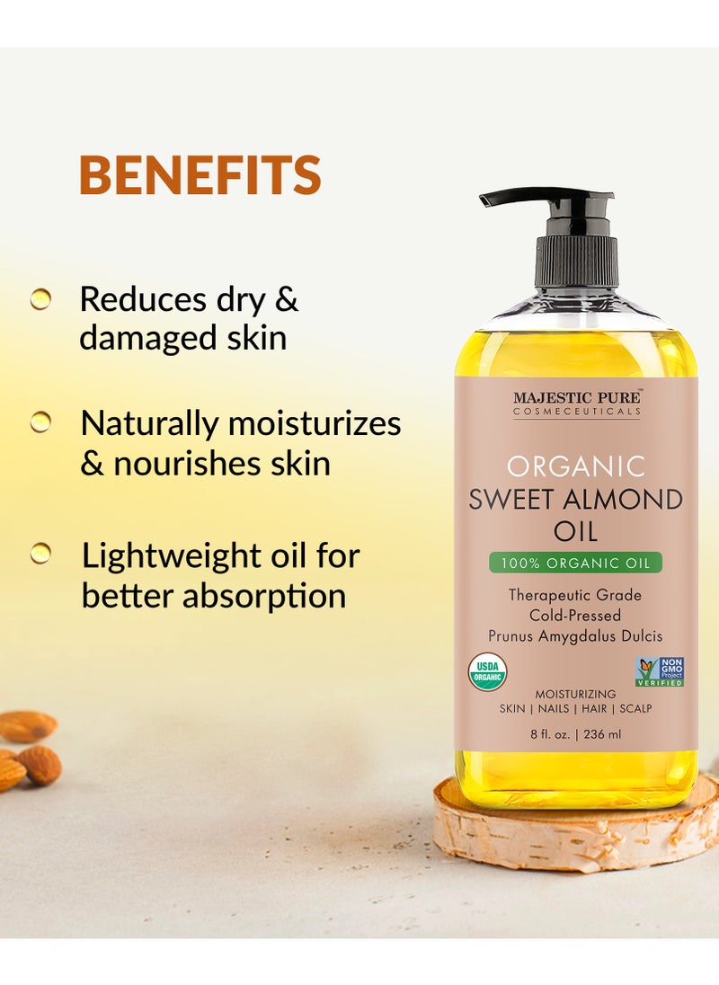 Majestic Pure Organic Almond Body Oil | 236 ML Large | 100% Pure & Natural Cold Pressed Oil Sweet Almond Oil for Skin, Face, Nails, Hair, Scalp & Massage |  - Image 3