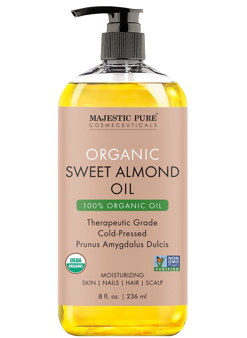 Majestic Pure Organic Almond Body Oil | 236 ML Large | 100% Pure & Natural Cold Pressed Oil Sweet Almond Oil for Skin, Face, Nails, Hair, Scalp & Massage |  - Image 1