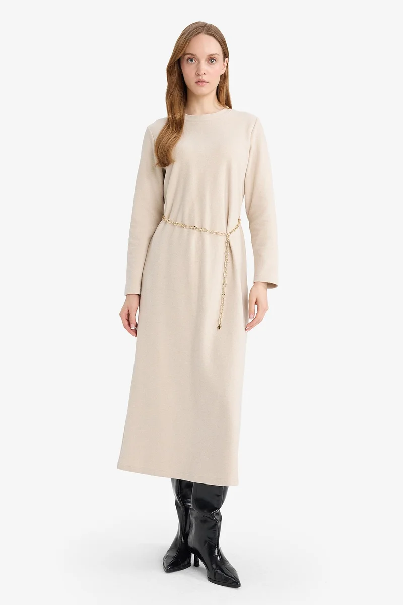 Defacto Regular Fit Crew Neck Long Sleeve Belted Maxi Dress