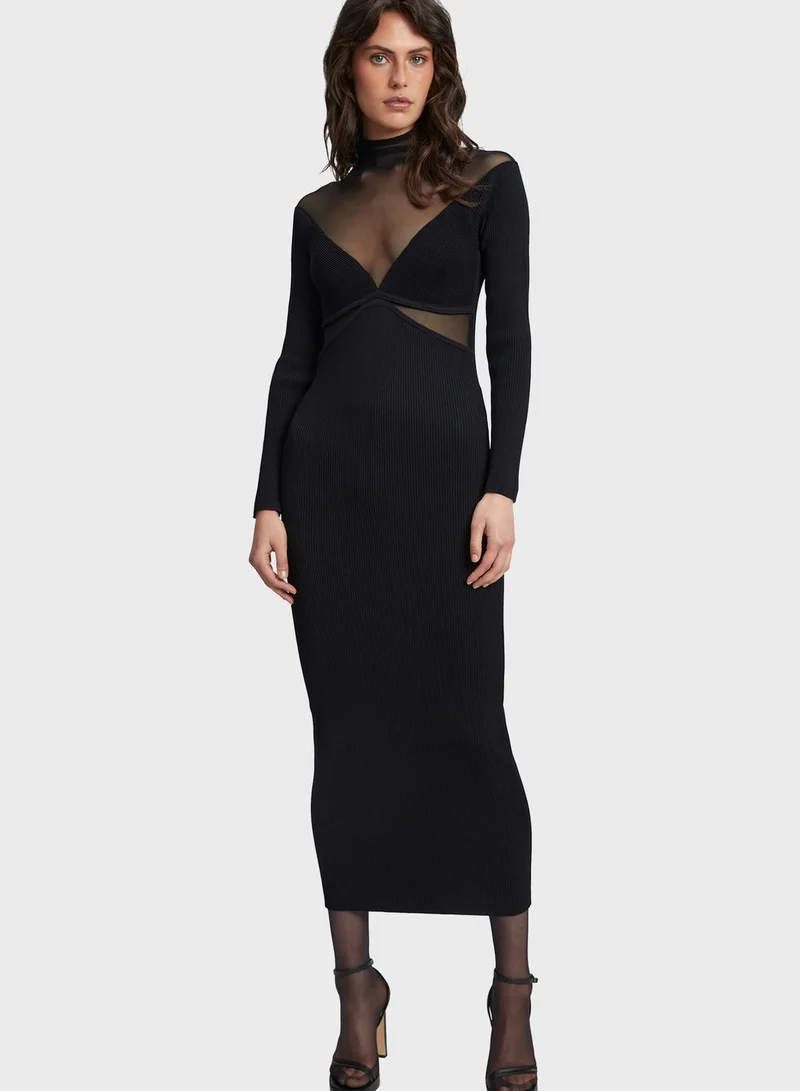 Bardot Mesh Detail Knitted Dress