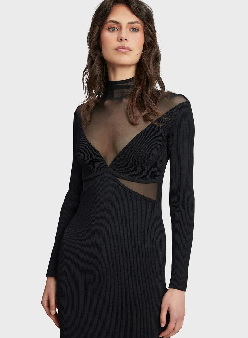Bardot Mesh Detail Knitted Dress