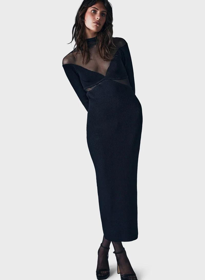 Bardot Mesh Detail Knitted Dress