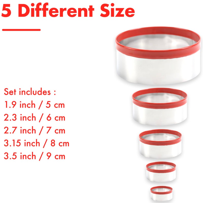 COOKIEQUE 5 Pcs Round Circle Cookie Cutters 1.9""  2.3""  2.7""  3.1""  3.5""  0.4MM Thickness Heavy Duty Food-Grade Stainless Steel  Biscuit Cutter  Mini Cookie Cutters  Unique Design with Protective Red Top PVC  - Image 2