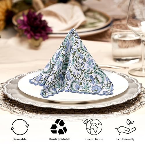 Ridhi Columbia BlueHand Block Print Napkins 18" x 18" Set of 4 Reusable Cotton Dinner Napkins for Weddings, Parties & Everyday Dining, Thanksgiving, Christmas, Fall - Image 3