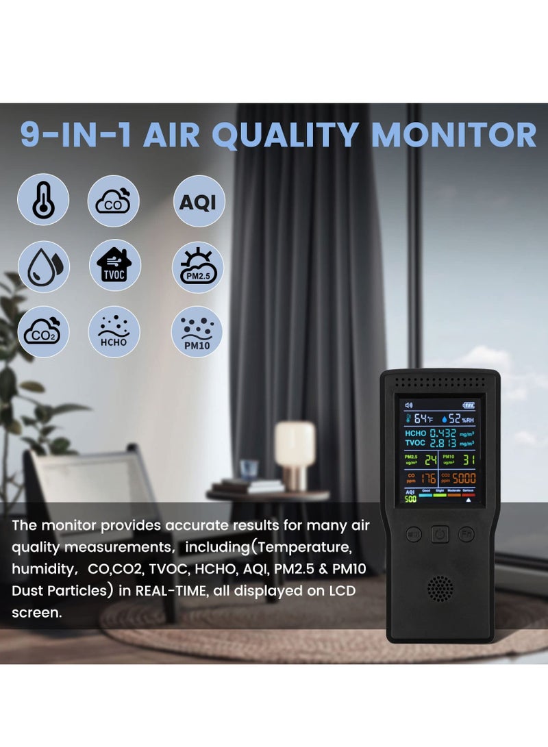 9 in 1 Air Quality Monitor, Formaldehyde Detector Indoor, Temperature & Humidity Meter, Pollution Tester, Sensor, Detect PM2.5/PM10 Monitor, Test Indoor HCHO TVOC Volatile Organic Compound Gas - Image 2