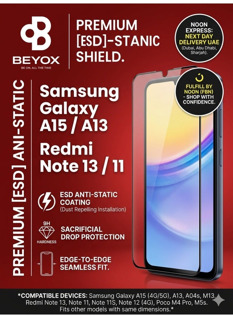 Beyox 2 Pcs - Tempered Glass Screen Protector for Samsung Galaxy A15, A13 | Redmi Note 13, 11 – 9H Hardness, Edge-to-Edge Full Coverage, Bubble-Free Installation, Clear | BY Beyox ESD Anti-Static Anti-Dust - Image 1