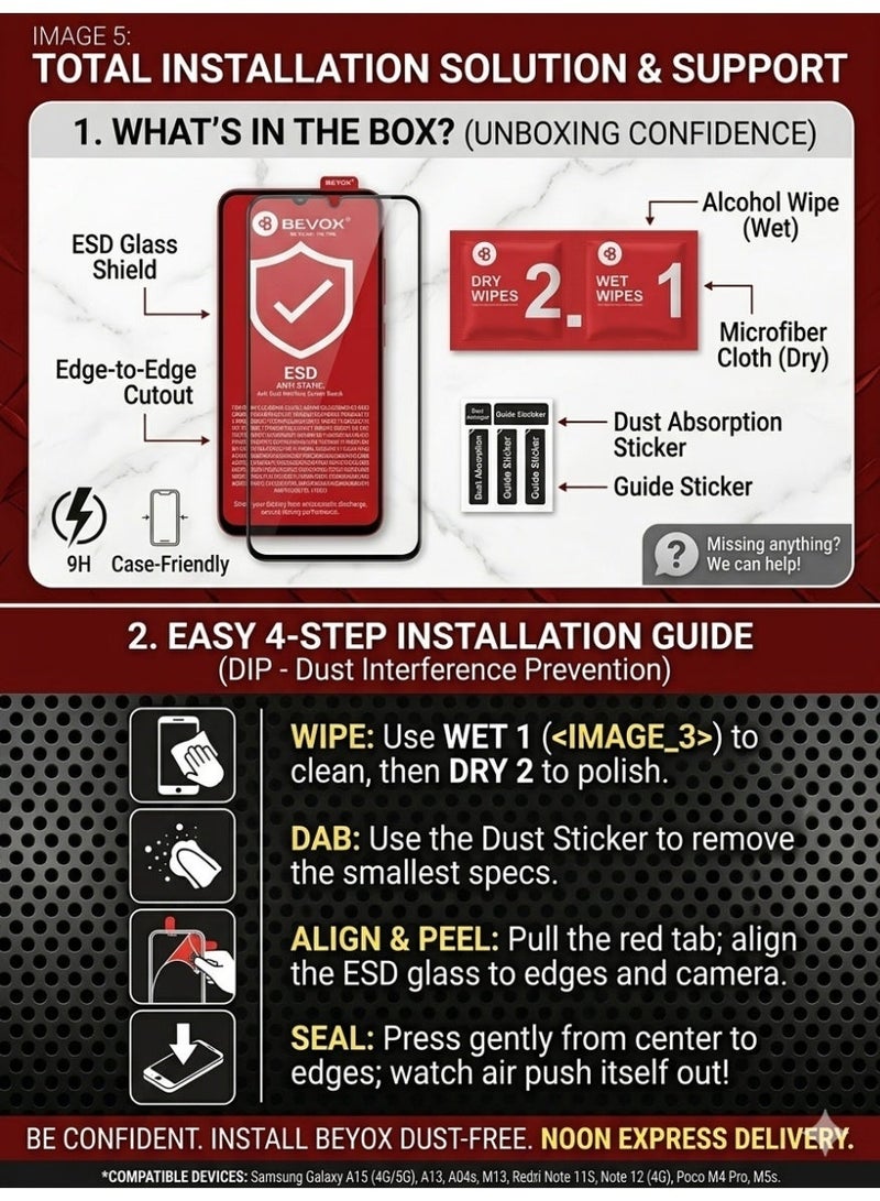 Beyox 2 Pcs - Tempered Glass Screen Protector for Samsung Galaxy A15, A13 | Redmi Note 13, 11 – 9H Hardness, Edge-to-Edge Full Coverage, Bubble-Free Installation, Clear | BY Beyox ESD Anti-Static Anti-Dust - Image 2