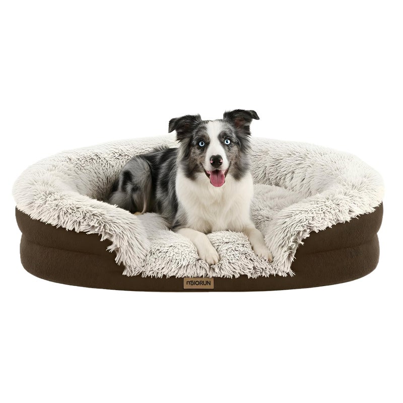 Miorun Fluffy Orthopedic Dog Bed for Medium & Large Dogs, Calming Plush Sofa Bed with Curved Bolster Support and Egg-Crate Foam Base, 43" Cozy Oval Pet Donut Bed with Washable Cover, Coffee - Image 1