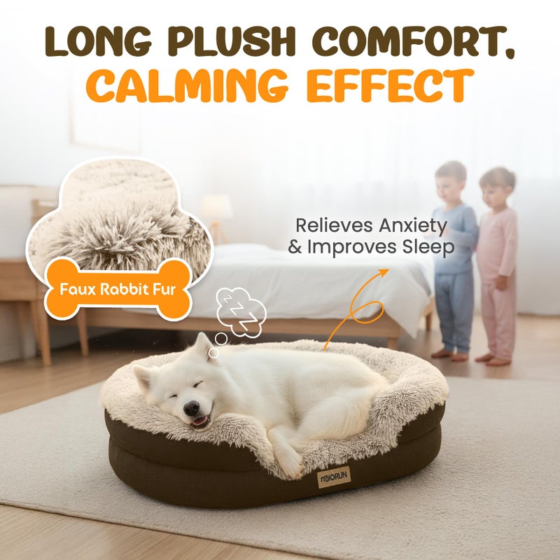 Miorun Fluffy Orthopedic Dog Bed for Medium & Large Dogs, Calming Plush Sofa Bed with Curved Bolster Support and Egg-Crate Foam Base, 43" Cozy Oval Pet Donut Bed with Washable Cover, Coffee - Image 2
