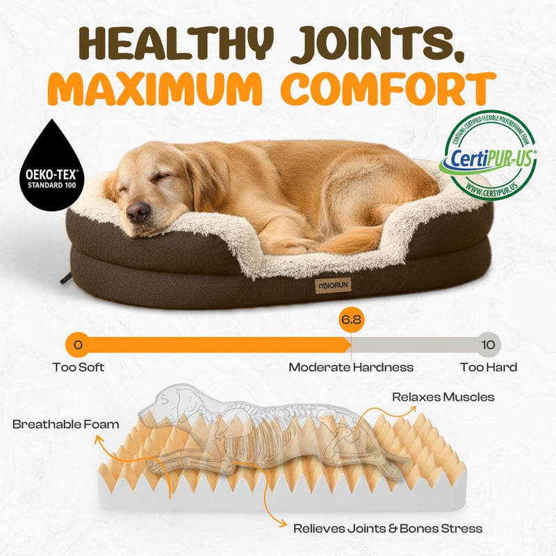 Miorun Fluffy Orthopedic Dog Bed for Medium & Large Dogs, Calming Plush Sofa Bed with Curved Bolster Support and Egg-Crate Foam Base, 43" Cozy Oval Pet Donut Bed with Washable Cover, Coffee - Image 3