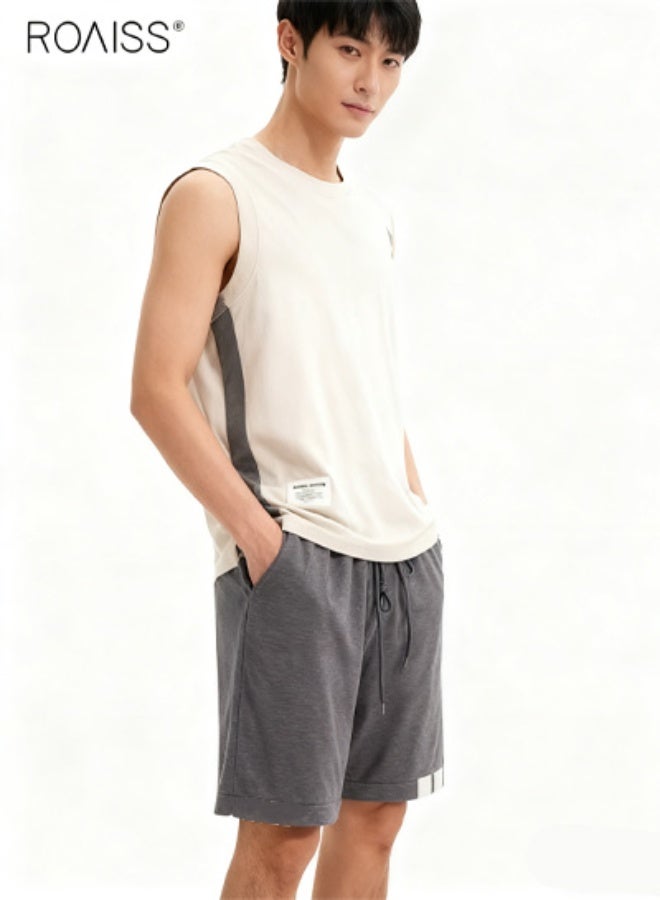 roaiss Men's Summer Round Neck Breathable Pajama Set Loose Plus Size Sleeveless Undershirt Short Loungewear Casual Elastic Waist Pullover Sleepwear - Image 1