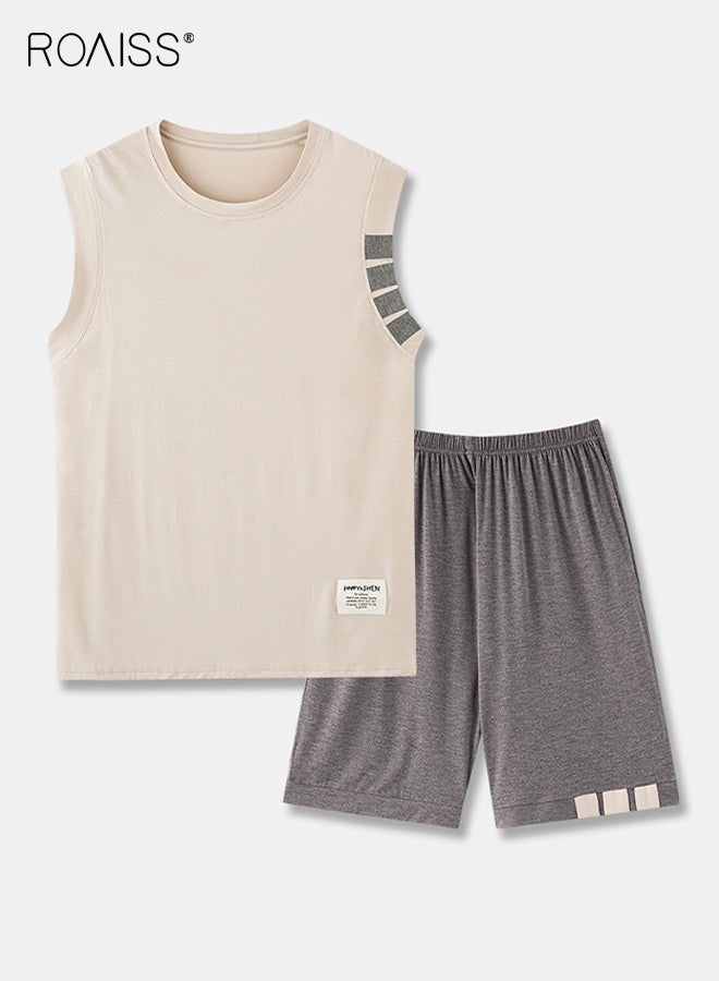 roaiss Men's Summer Round Neck Breathable Pajama Set Loose Plus Size Sleeveless Undershirt Short Loungewear Casual Elastic Waist Pullover Sleepwear - Image 2