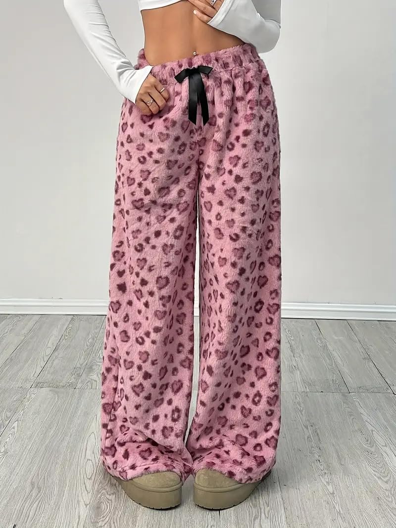 Vhitler Leopard Pants Women Therian Fuzzy Pajama Y2k Cheetah Grunge High Waisted Fluffy Pants (Pink Cheetah,Medium) - Image 2