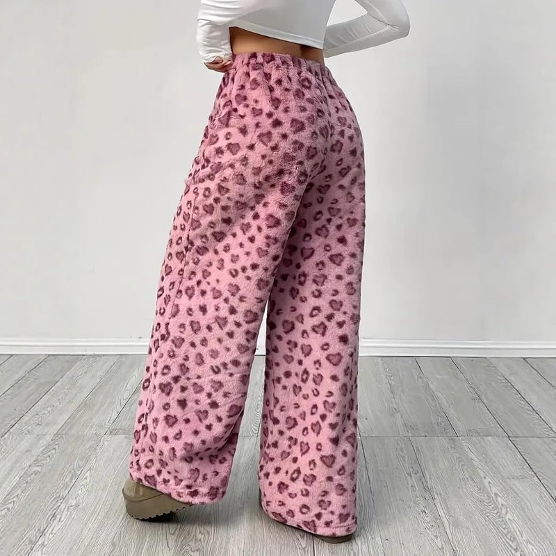 Vhitler Leopard Pants Women Therian Fuzzy Pajama Y2k Cheetah Grunge High Waisted Fluffy Pants (Pink Cheetah,Medium) - Image 3