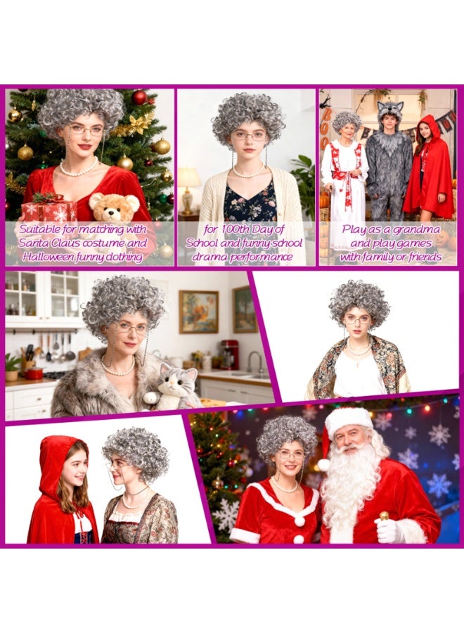 NajmStyle Old Lady Wig Costume for Women, 100 Days of School Costume for Kids Girls, Halloween Granny Costume Party Wigs with Glasses, Glasses Chain, Necklace, Wig Dress Up Costume Cosplay Supplies(5Pcs) - Image 4