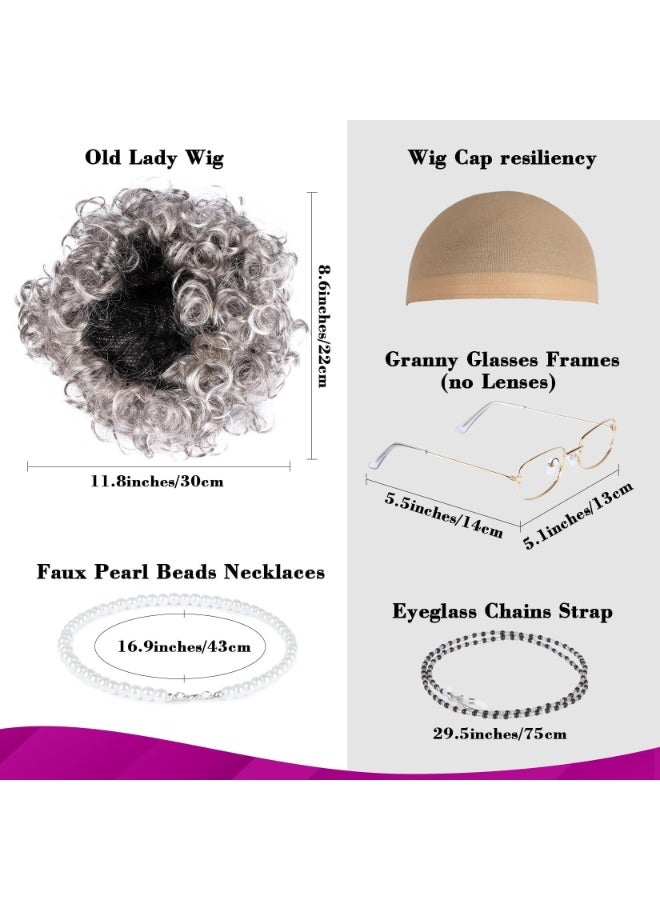 NajmStyle Old Lady Wig Costume for Women, 100 Days of School Costume for Kids Girls, Halloween Granny Costume Party Wigs with Glasses, Glasses Chain, Necklace, Wig Dress Up Costume Cosplay Supplies(5Pcs) - Image 2