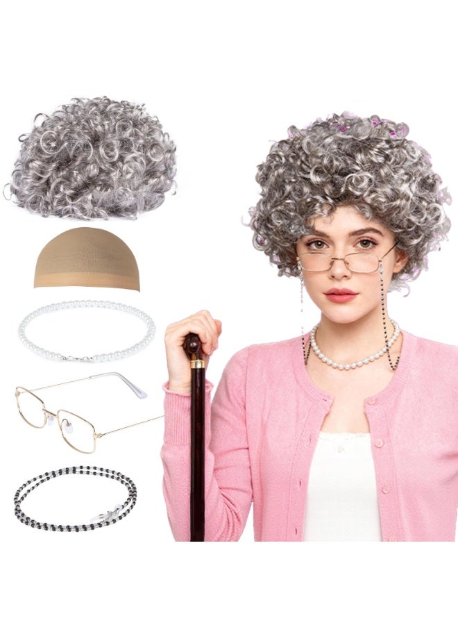 NajmStyle Old Lady Wig Costume for Women, 100 Days of School Costume for Kids Girls, Halloween Granny Costume Party Wigs with Glasses, Glasses Chain, Necklace, Wig Dress Up Costume Cosplay Supplies(5Pcs) - Image 1